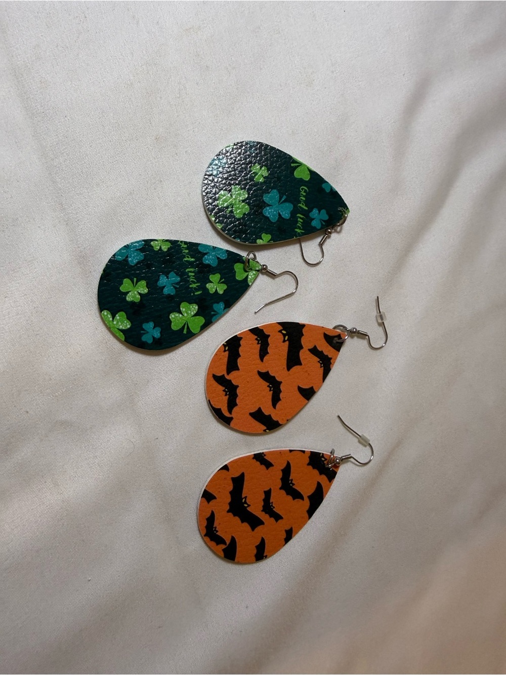 Teardrop Faux Leather Earrings - Green Clover & Orange Bat Prints - Picture 2 of 2